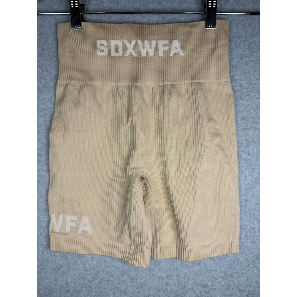 SDXWFA Women Tan Beige Ribbed High Waisted Biker Shorts Athletic Yoga Small